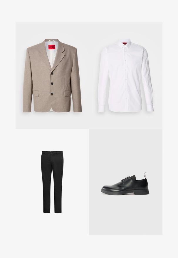 Veste beige ajustée avec épaules structurées, design à un seul bouton, trois boutons noirs, deux poches avant et étiquette HUGO en rouge.; Chemise blanche à manches longues avec col classique, patte de boutonnage à l'avant et texture en coton lisse.; Pantalon slim noir avec passants de ceinture, bouton devant et fermeture éclair, présenté sur un fond blanc uni.; Chaussure noire en cuir à lacets avec une finition lisse, un bout rond et un design minimaliste. Comprend un tirant contrastant subtil et une semelle en caoutchouc.