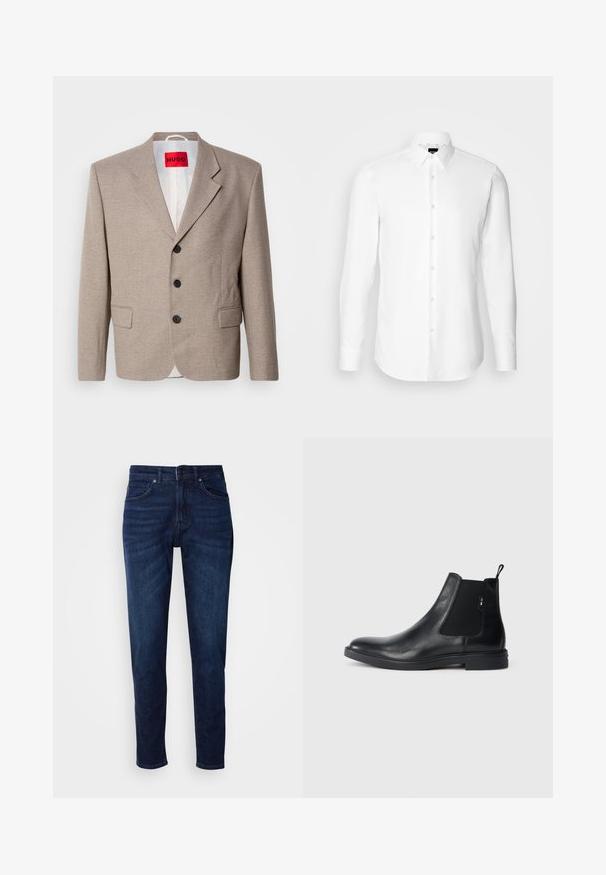 Beige skræddersyet blazer med strukturerede skuldre, enslydende design, tre sorte knapper, to frontlommer og HUGO-mærke i rød.; Hvid skjorte med lange ærmer, knaplukning foran, klassisk krave, lavet af glat stof med en subtil tekstur, designet til et tætsiddende udseende.; Mørkeblå denimbukser med lige ben, der har lommer og knaplukning i taljen. Blød tekstur, minimal falming.; Sorte læder Chelsea støvler med elastiske sidepaneler, en pull-tab og en flad gummisål. Glat tekstur med minimal detaljer.