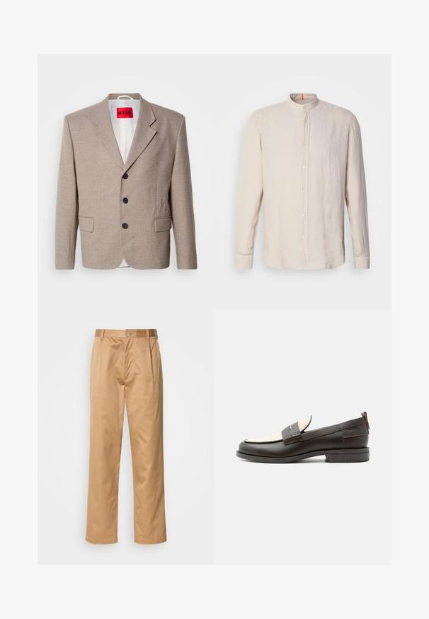 Veste beige ajustée avec épaules structurées, design à un seul bouton, trois boutons noirs, deux poches avant et étiquette HUGO en rouge.; Chemise en lin beige clair à manches longues avec col montant, fermeture à boutons sur le devant et une texture subtile. Présente un accent orange au niveau de l'encolure.; Pantalons khaki, en mélange de coton, coupe droite, plis avant, passants de ceinture et fermeture à bouton. Texture lisse sans motifs.; Mocassin homme en cuir marron foncé avec panneau en tissu écru et détail classique de bride cousue, semelle plate et languette au talon.