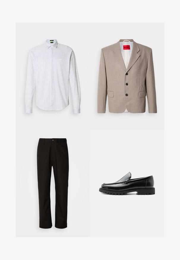 Beiger maßgeschneiderter Blazer mit strukturierten Schultern, einreihigem Design, drei schwarzen Knöpfen, zwei Vordertaschen und rotem HUGO-Label.; Langärmliges Hemd mit Knopfleiste in Weiß mit einem blauen Karomuster. Verfügt über einen klassischen Kragen und eine Brusttasche. Glatte Stoffqualität mit taillierter Passform.; Schwarze Baumwollhosen mit geradem Schnitt, Gürtelschlaufen, einem Reißverschluss vorne und einem einzelnen Knopfverschluss. Glatte Textur ohne sichtbare Muster.; Schwarzer Lederloafer mit grober Gummisohle, genähter Oberseite und geprägtem Markennamen an der Ferse, seitlich auf weißem Hintergrund gezeigt.