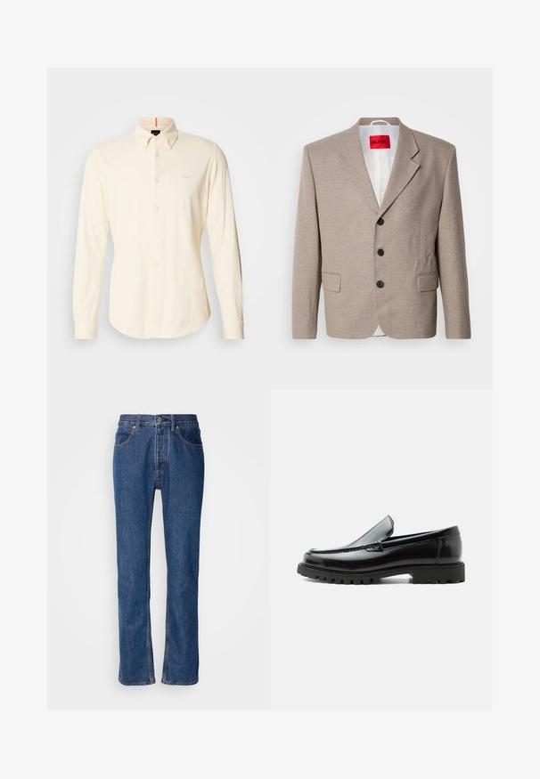 Veste beige ajustée avec épaules structurées, design à un seul bouton, trois boutons noirs, deux poches avant et étiquette HUGO en rouge.; Chemise à manches longues, boutonnée, en coton beige clair ; dotée d'un col classique et d'un petit logo sur le côté supérieur gauche de la poitrine.; Jean en denim bleu avec une coupe droite, un design à cinq poches et des coutures claires. Comprend une braguette zippée et une fermeture à bouton à l'avant.; Mocassin en cuir noir avec semelle en caoutchouc épaisse, dessus cousu et nom de marque embossé sur le talon, présenté de profil sur fond blanc.