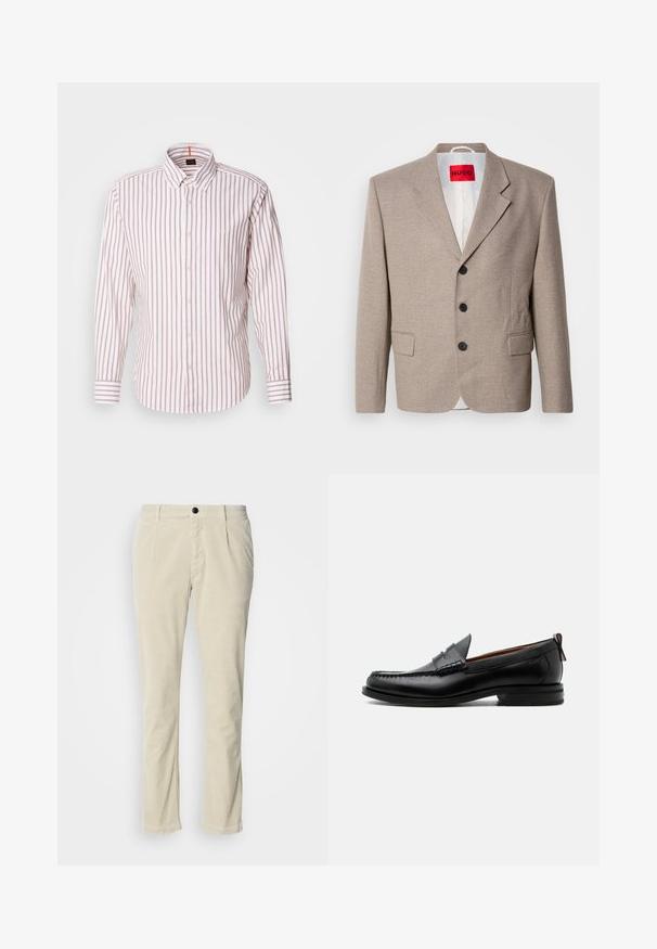 Veste beige ajustée avec épaules structurées, design à un seul bouton, trois boutons noirs, deux poches avant et étiquette HUGO en rouge.; Chemise à boutons rayée en blanc et rose clair. Présente un col, des manches longues et un petit logo sur la poitrine. Made en coton.; Pantalon en velours côtelé beige clair avec une coupe droite, doté d'une fermeture à un bouton noir et d'une texture côtelée subtile. Pas de poches visibles.; Mocassin homme en cuir noir avec couture moc toe, bride penny, col texturé et petit talon empilé sur fond blanc.