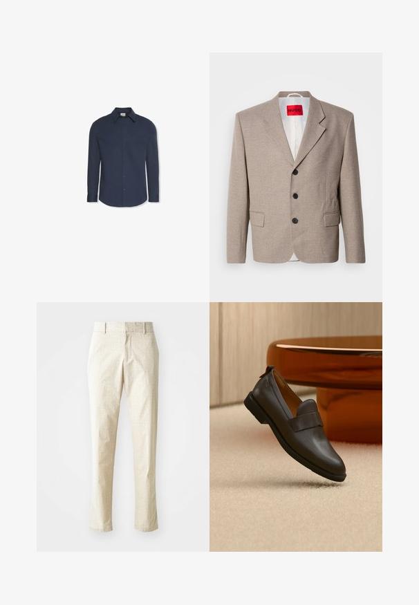 Beige skræddersyet blazer med strukturerede skuldre, enslydende design, tre sorte knapper, to frontlommer og HUGO-mærke i rød.; Marineblå langærmet skjorte med knapper, krave og manchetter, med et Calvin Klein-mærke inde i kraven.; Lys beige skræddersyede bukser med et tekstureret mønster, lige pasform og medium høj talje, der har bæltestropper og ingen synlige lommer.; Mørkebrun læderloafer med lav hæl svævende over beige tæppe, ved siden af et blankt, afrundet bord i ravfarve.