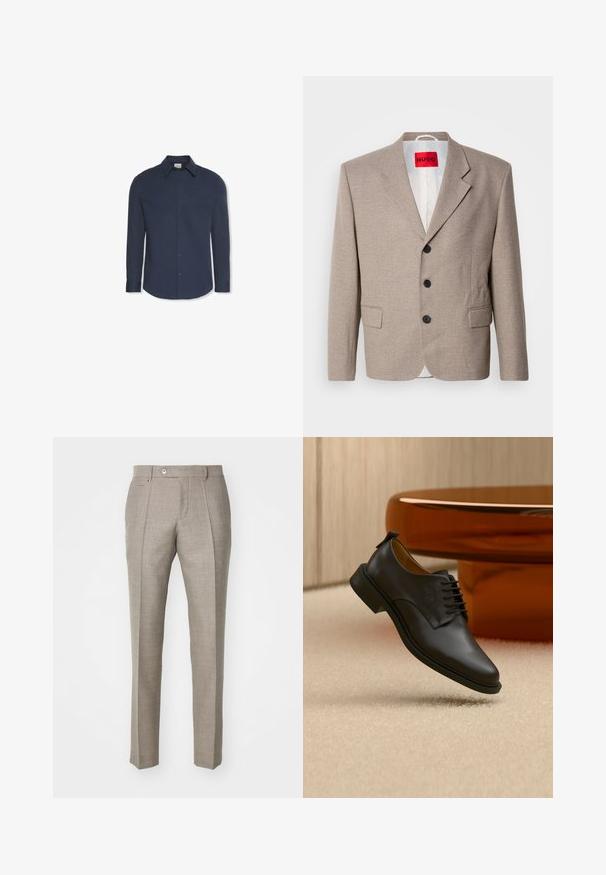 Beiger maßgeschneiderter Blazer mit strukturierten Schultern, einreihigem Design, drei schwarzen Knöpfen, zwei Vordertaschen und rotem HUGO-Label.; Marineblaues Hemd mit langen Ärmeln, Knöpfen, Kragen und Manschetten, mit einem Calvin Klein Etikett im Kragen.; Beige maßgeschneiderte Hose mit strukturiertem Finish, ausgestattet mit einem Knopfverschluss und zwei Seitentaschen. Strukturierter Entwurf mit geradem Bein-Silhouette.; Schwarzer Herrenschuh aus Leder mit Schnürung, schwebt über einem beigen Teppich, im Hintergrund ein brauner runder Kaffeetisch.
