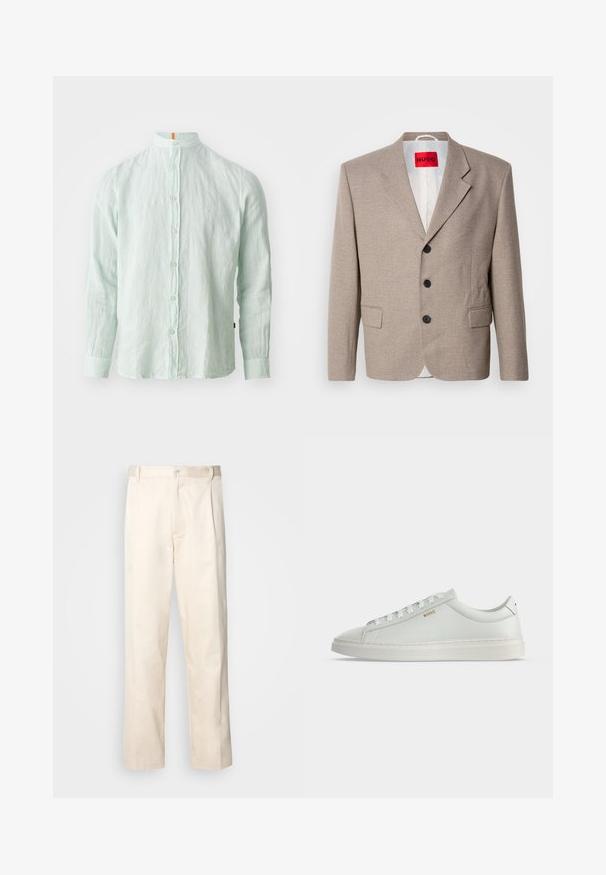 Veste beige ajustée avec épaules structurées, design à un seul bouton, trois boutons noirs, deux poches avant et étiquette HUGO en rouge.; Chemise à manches longues en lin vert clair avec un col montant, fermeture à boutons sur le devant et texture subtile. Présente un accent orange sur le col.; Pantalon en coton beige avec une coupe droite, présentant une fermeture à bouton et des plis sur le devant pour plus de détails.; Baskets basses blanches en cuir avec lacets, semelle plate et petit logo doré "BOSS" sur le côté, vues de l'extérieur.