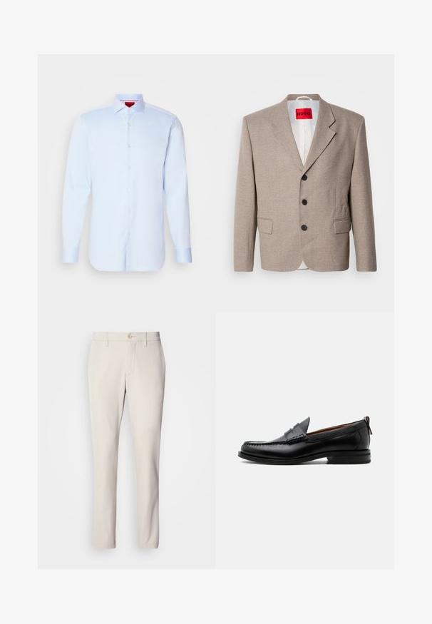 Blazer beige ajustado con hombros estructurados, diseño de un solo botón, tres botones negros, dos bolsillos frontales y etiqueta HUGO en rojo.; Camisa de botones de manga larga en azul claro con cuello extendido, dobladillo redondeado y botones blancos. Tejido suave con un brillo sutil.; Pantalones beige de corte ajustado, con cierre de botón en la parte delantera, diseño de frente plano y corte recto, confeccionados en una suave mezcla de algodón.; Mocasín de hombre de piel negra con costura moc toe, tira penny, cuello texturizado y tacón bajo apilado sobre fondo blanco.