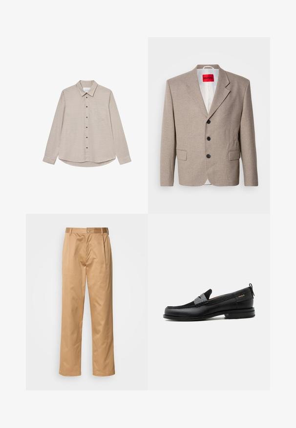 Beige op maat gemaakte blazer met gestructureerde schouders, een enkelgesloten ontwerp, drie zwarte knopen, twee voorzakken en HUGO-label in het rood.; Bruine en beige geruite lange mouwen overhemd met een button-down kraag, een borstzakje en bruine knopen, met een gebogen zoom.; Khaki broek, katoenmix, recht model, voorplooien, riemlussen en knoopsluiting. Gladde textuur zonder patronen.; Zwarte leren loafer met grijs riemdetailelement, lage hak en gestructureerde zool, aan de zijkant gebrandmerkt met "HUGO" in goud.