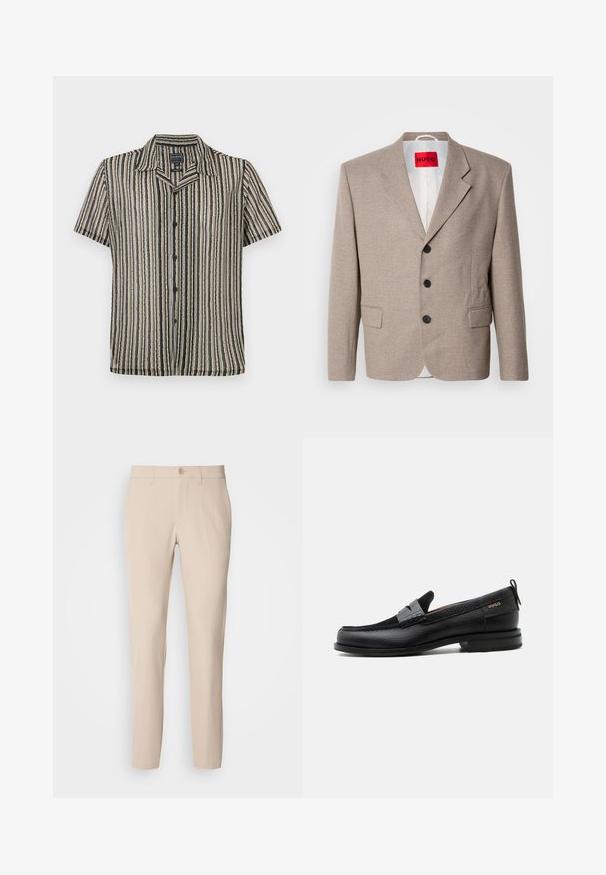 Beige op maat gemaakte blazer met gestructureerde schouders, een enkelgesloten ontwerp, drie zwarte knopen, twee voorzakken en HUGO-label in het rood.; Korte mouwen button-up shirt met een gestreept patroon in zachte tonen van beige, zwart en grijs. Heeft een kampkraag en een relaxte pasvorm.; Beige broek van zachte stof, met knoopsluiting, rechte snit en zijzakken. Glad oppervlak met minimale stikdetails.; Zwarte leren loafer met grijs riemdetailelement, lage hak en gestructureerde zool, aan de zijkant gebrandmerkt met "HUGO" in goud.