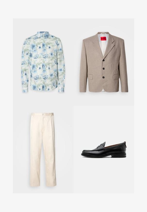 Veste beige ajustée avec épaules structurées, design à un seul bouton, trois boutons noirs, deux poches avant et étiquette HUGO en rouge.; Chemise à manches longues en tissu léger, ornée de fleurs aquarelles bleu et vert, avec des boutons et un col classique.; Pantalon en coton beige avec une coupe droite, présentant une fermeture à bouton et des plis sur le devant pour plus de détails.; Mocassin homme en cuir noir avec couture moc toe, bride penny, col texturé et petit talon empilé sur fond blanc.