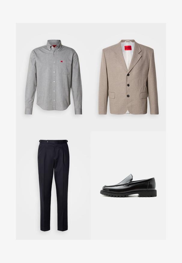 Beige skræddersyet blazer med strukturerede skuldre, enslydende design, tre sorte knapper, to frontlommer og HUGO-mærke i rød.; Grå skjorte med knappestrik i bomuldsstof, med en brystlomme med et lille rødt logo. Blød tekstur, struktureret krave og lange ærmer.; Marineblå kjolebukser lavet af glat stof med plisseret front, lige ben og en linning med knaplukning.; Sort læderloafer med chunky gummisål, syet overdel og præget mærkenavn på hælen, vist i sideprofil på hvid baggrund.