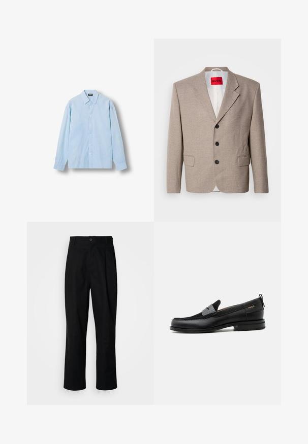 Blazer beige ajustado con hombros estructurados, diseño de un solo botón, tres botones negros, dos bolsillos frontales y etiqueta HUGO en rojo.; Camisa azul claro con botones, con finas rayas blancas verticales, mangas largas y cuello puntiagudo, mostrada plana sobre un fondo blanco.; Pantalones rectos negros con cintura con botones, trabillas para cinturón y pliegue frontal, exhibidos sobre un fondo blanco liso.; Mocasín de cuero negro con detalle de tira gris, tacón bajo y suela texturizada, con la marca "HUGO" en oro en el lateral.