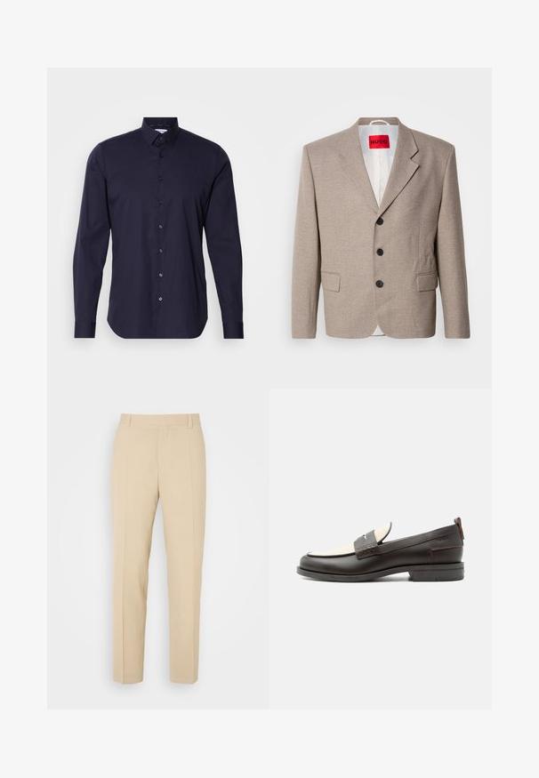 Beige op maat gemaakte blazer met gestructureerde schouders, een enkelgesloten ontwerp, drie zwarte knopen, twee voorzakken en HUGO-label in het rood.; Marineblauwe overhemd met lange mouwen, klassieke kraag en een slanke pasvorm. Gemaakt van een gladde stof met een subtiele logo op de borst.; Beige op maat gemaakte broek met een recht gesneden ontwerp, gemaakt van lichtgewicht stof, met twee voorzakken en nette, geplooide vouwen.; Donkerbruine leren herenloafer met crèmekleurig stoffen paneel en klassiek doorgestikt riemdetail, platte zool en trekhaak bij de hak.