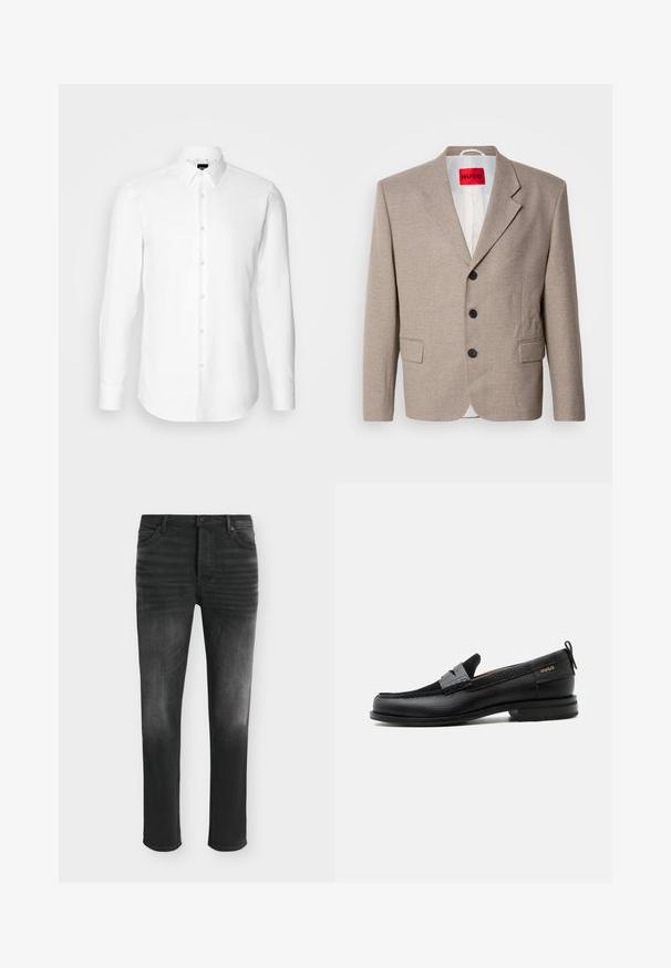 Blazer beige ajustado con hombros estructurados, diseño de un solo botón, tres botones negros, dos bolsillos frontales y etiqueta HUGO en rojo.; Camisa blanca de manga larga, con cierre de botones en el frente, cuello clásico, confeccionada con una tela suave con una textura sutil, diseñada para un ajuste entallado.; Vaqueros negros de corte ajustado con detalles desgastados, estilo de cinco bolsillos y cierre con botón en la cintura.; Mocasín de cuero negro con detalle de tira gris, tacón bajo y suela texturizada, con la marca "HUGO" en oro en el lateral.