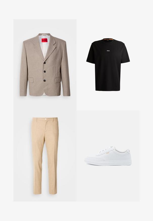 Beige op maat gemaakte blazer met gestructureerde schouders, een enkelgesloten ontwerp, drie zwarte knopen, twee voorzakken en HUGO-label in het rood.; Zwarte katoenen t-shirt met ronde halslijn, korte mouwen en een witte "BOSS"-logo in het midden van de borst. Het heeft een gladde textuur en een casual pasvorm.; Beige op maat gemaakte broeken van textuurstof, met een rechte pijpenontwerp, een dubbele plooi aan de voorkant en een enkele knoopsluiting in de taille.; Witte leren sneakers met een gladde textuur, ronde neus en tonale stiksels. Voorzien van blauwe veters en een gouden logo op de zijkant.