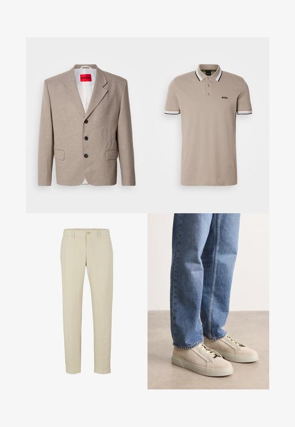 Beiger maßgeschneiderter Blazer mit strukturierten Schultern, einreihigem Design, drei schwarzen Knöpfen, zwei Vordertaschen und rotem HUGO-Label.; Beiger Poloshirt mit klassischem Kragen, kurzen Ärmeln und Besatz in Schwarz und Weiß. Besticktes 'BOSS'-Logo auf der Brust.; Beige maßgeschneiderte Hose mit Reißverschluss, einzelner Knopfverschluss und Gürtelschlaufen. Glattes Material mit geradem Bein und ohne sichtbare Muster.; BOSS GARYTENN_SDHDEL - Sneaker low - natural ten
