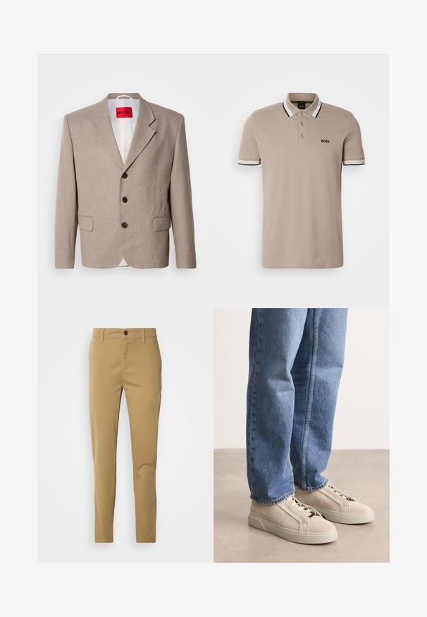 Beige skræddersyet blazer med strukturerede skuldre, enslydende design, tre sorte knapper, to frontlommer og HUGO-mærke i rød.; Beige polo-shirt med klassisk krave, korte ærmer og kantbånd med sort og hvid accent. Broderet 'BOSS' logo på brystet.; Khaki bukser lavet af bomuld. Slim fit design med en glat tekstur, forlommer og en enkelt knaplukning i taljen.; BOSS GARYTENN_SDHDEL - Sneakers - natural ten