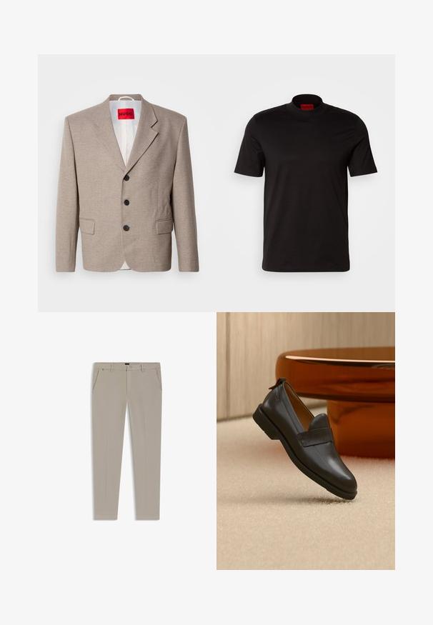 Beige skræddersyet blazer med strukturerede skuldre, enslydende design, tre sorte knapper, to frontlommer og HUGO-mærke i rød.; Sort kortærmet t-shirt med høj hals design. Fremstillet af glat stof. Har et rødt mærke på indersiden af kraven.; Beige straight-leg bukser lavet af et glat stof, med to forlommer, en knaplukning og minimale syninger.; Sort læderloafer med lav hæl svævende over beige tæppe ved siden af et blankt ravfarvet bord i et minimalistisk rum.