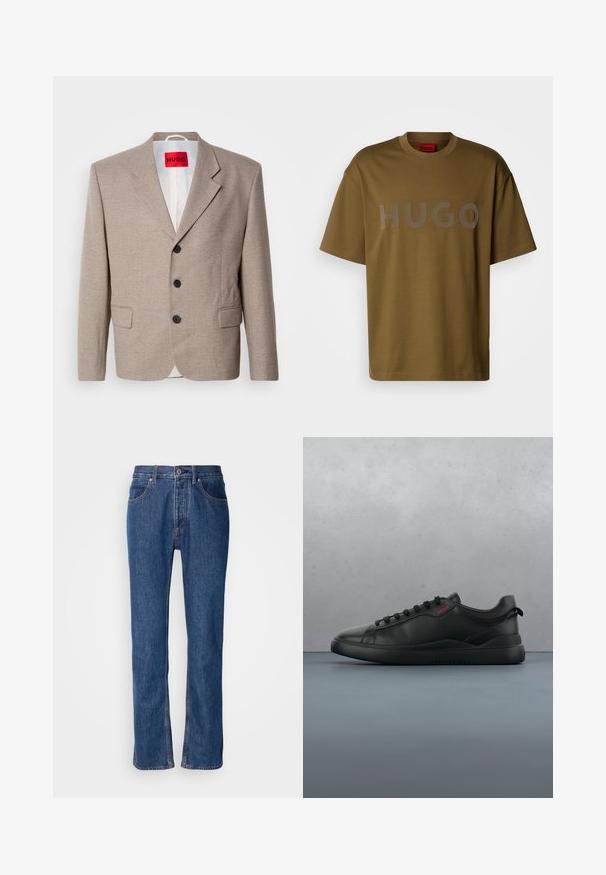 Beige skræddersyet blazer med strukturerede skuldre, enslydende design, tre sorte knapper, to frontlommer og HUGO-mærke i rød.; Olivegrøn t-shirt i bomuld med rund hals og korte ærmer, med et stort gråt "HUGO" logo trykt på forsiden.; Blå denimjeans med lige snit, fem-lomme-design og lys syning. Har lynlås og knaplukning foran.; HUGO BLAKE - Sneakers - black