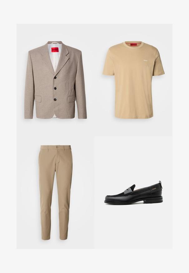 Veste beige ajustée avec épaules structurées, design à un seul bouton, trois boutons noirs, deux poches avant et étiquette HUGO en rouge.; T-shirt en coton beige avec un col rond, des manches courtes et un petit logo blanc "HUGO" sur la poitrine. Texture lisse sans motifs.; Pantalons beiges en tissu lisse avec une coupe droite, dotés d'une fermeture à bouton et de poches avant, accompagnés de passants de ceinture.; Mocassin en cuir noir avec détail de bride grise, talon bas et semelle texturée, marqué "HUGO" en or sur le côté.