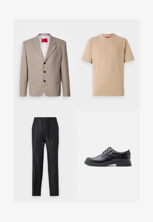 Beige skræddersyet blazer med strukturerede skuldre, enslydende design, tre sorte knapper, to frontlommer og HUGO-mærke i rød.; Beige bomulds T-shirt med korte ærmer, rund halsudskæring og subtilt "HUGO" logo i midten. Glat overflade, afslappet pasform.; Sorte pinstripede bukser lavet af glat stof med en komfortabel elastisk talje og snøre detaljer. Har diskret logo detaljering.; Sorte snørestøvler i læder med glat tekstur, rundet tå og diskrete syningsdetaljer. Har en rød trækflig på hælen.