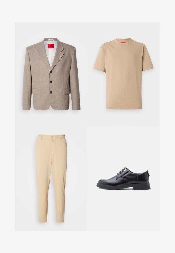 Beige skræddersyet blazer med strukturerede skuldre, enslydende design, tre sorte knapper, to frontlommer og HUGO-mærke i rød.; Beige bomulds T-shirt med korte ærmer, rund halsudskæring og subtilt "HUGO" logo i midten. Glat overflade, afslappet pasform.; Beige bukser med struktur i slim fit, med knaplukning foran, bæltestropper og sidelommer. Glat stoffinish.; Sorte snørestøvler i læder med glat tekstur, rundet tå og diskrete syningsdetaljer. Har en rød trækflig på hælen.