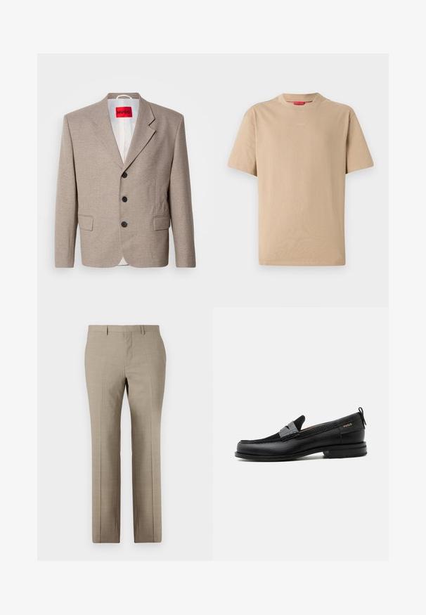Beige skræddersyet blazer med strukturerede skuldre, enslydende design, tre sorte knapper, to frontlommer og HUGO-mærke i rød.; Beige bomulds T-shirt med korte ærmer, rund halsudskæring og subtilt "HUGO" logo i midten. Glat overflade, afslappet pasform.; Beige skræddersyede bukser med en glat tekstur, lige ben, subtilt ternet mønster og flad front. To baglommer inkluderet.; Sort læderloafer med grå remdetalje, lav hæl og tekstureret sål, mærket med "HUGO" i guld på siden.