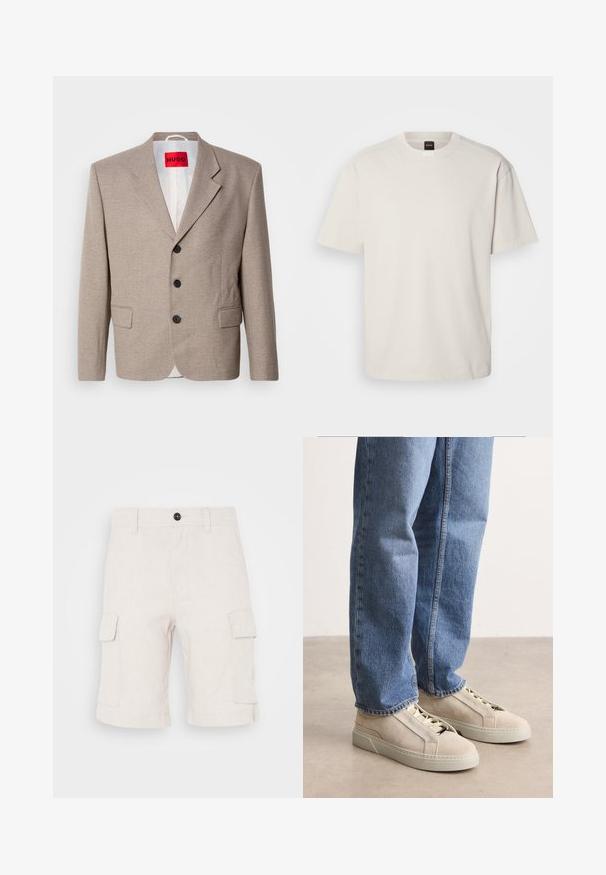 Beige skræddersyet blazer med strukturerede skuldre, enslydende design, tre sorte knapper, to frontlommer og HUGO-mærke i rød.; Kortærmet, crew-neck t-shirt i off-white bomuld med lige snit og minimal branding på kraven. Blød tekstur, uden mønstre.; Beige cargo shorts lavet af letvægtsstof, med to sidelommer og en foldet nederkant. Knaplukning i taljen.; BOSS GARYTENN_SDHDEL - Sneakers - natural ten