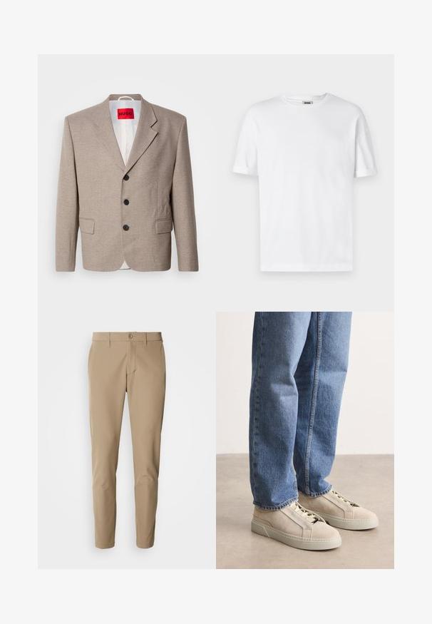 Beige op maat gemaakte blazer met gestructureerde schouders, een enkelgesloten ontwerp, drie zwarte knopen, twee voorzakken en HUGO-label in het rood.; Witte katoenen t-shirt met een ronde hals, korte mouwen en omgeslagen mouwen; ongecompliceerd ontwerp, zachte textuur en rechte snit.; Beige broek van gladde stof met een rechte snit, voorzien van een knoopsluiting en voorzakken, en inclusief riemlussen.; BOSS GARYTENN_SDHDEL - Sneakers laag - natural ten