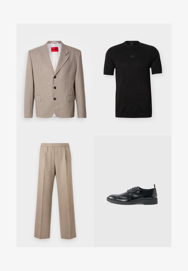 Veste beige ajustée avec épaules structurées, design à un seul bouton, trois boutons noirs, deux poches avant et étiquette HUGO en rouge.; T-shirt noir à manches courtes avec col rond, logo "BOSS" subtil centré sur la poitrine, en tissu fin tricoté.; Pantalon beige à jambe droite avec taille élastique et plis marqués sur le devant de chaque jambe.; Chaussure habillée en cuir noir brillant avec un petit talon, fermeture à lacets et bout rond, vue de côté sur un fond uni et clair.