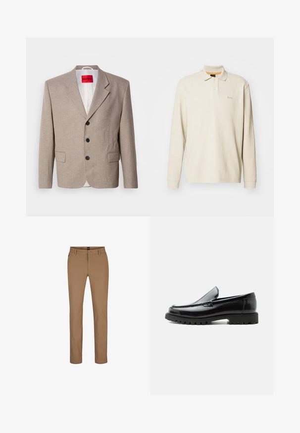 Blazer beige ajustado con hombros estructurados, diseño de un solo botón, tres botones negros, dos bolsillos frontales y etiqueta HUGO en rojo.; Camisa polo de manga larga en beige claro, con un tejido texturizado, un cuello clásico, dos botones y un sutil logo bordado en el pecho.; Pantalones marrones claros de mezcla de algodón con un diseño de pierna recta, bolsillos frontales y cremallera. Hardware mínimo y sin patrones visibles.; Mocasín de cuero negro con suela de goma gruesa, empeine cosido y nombre de la marca en relieve en el talón, mostrado en perfil lateral sobre fondo blanco.