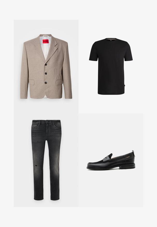 Beiger maßgeschneiderter Blazer mit strukturierten Schultern, einreihigem Design, drei schwarzen Knöpfen, zwei Vordertaschen und rotem HUGO-Label.; Schwarzes T-Shirt mit kurzen Ärmeln aus weicher Baumwolle und rundem Halsausschnitt. Verfügt über ein dezentes Markenlabel auf der linken Seite nahe dem Saum.; Schmal geschnittene schwarze Denim-Jeans mit Ausbleichungen, leichten Gebrauchsspuren in der Kniegegend, fünf Taschen sowie einem normalen Knopf- und Reißverschluss.; Schwarzer Lederloafer mit grauem Riemendetail, niedrigem Absatz und strukturierter Sohle, seitlich mit „HUGO“ in Gold gebrandmarkt.