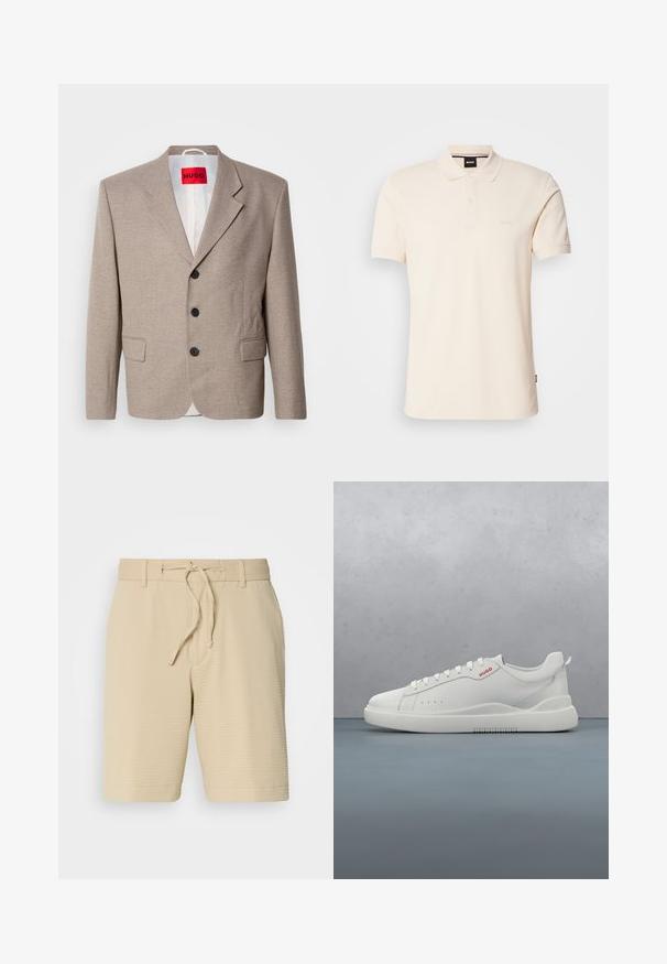 Beiger maßgeschneiderter Blazer mit strukturierten Schultern, einreihigem Design, drei schwarzen Knöpfen, zwei Vordertaschen und rotem HUGO-Label.; Beige Poloshirt aus Baumwolle mit Kragen und Knopfleiste mit zwei Knöpfen. Auf der Brust ist das Logo "BOSS" gestickt, kurze Ärmel, schlichtes Design.; Beige Shorts aus strukturiertem Stoff, mit einem elastischen Bund und einer Kordelzug sowie seitlichen Taschen für Funktionalität.; Weiße Sneaker aus glattem Leder, runde Spitze, vier Ösen, dezente Perforationen und ein rotes Logodetail an der Seite.