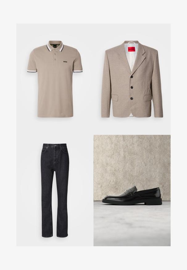 Veste beige ajustée avec épaules structurées, design à un seul bouton, trois boutons noirs, deux poches avant et étiquette HUGO en rouge.; Polo beige avec un col classique, des manches courtes, et des finitions ornées d'accents noirs et blancs. Logo 'BOSS' brodé sur la poitrine.; Jean en denim noir taille haute avec fermeture à bouton et à glissière, poches avant et arrière, et coupe droite.; Mocassin en cuir noir poli flottant au-dessus d'un tapis beige avec un mobilier translucide orange en arrière-plan.