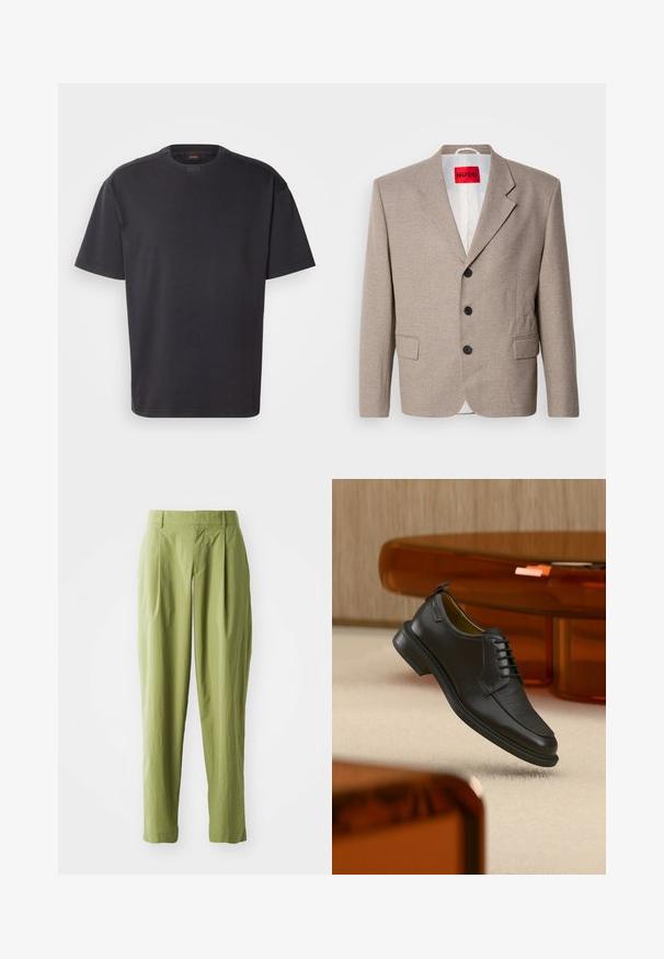Veste beige ajustée avec épaules structurées, design à un seul bouton, trois boutons noirs, deux poches avant et étiquette HUGO en rouge.; T-shirt noir à manches courtes en coton, avec un col rond et un logo discret au niveau du col. Texture lisse avec une coupe décontractée.; Pantalons vert clair en tissu texturé, présentant une coupe droite, des plis à l'avant et une taille standard.; Chaussure habillée noire en cuir à lacets avec devant texturé, flottant au-dessus d'un tapis beige dans une pièce moderne avec des meubles teintés d'ambre.