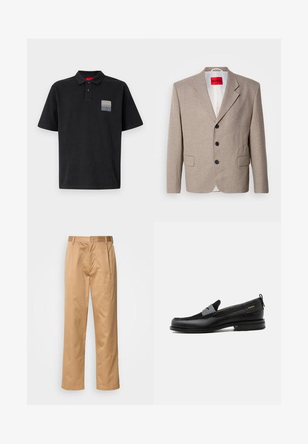 Beiger maßgeschneiderter Blazer mit strukturierten Schultern, einreihigem Design, drei schwarzen Knöpfen, zwei Vordertaschen und rotem HUGO-Label.; Schwarzes Polo-Shirt aus Baumwolle mit einem Kragen mit zwei Knöpfen, kurzen Ärmeln und einem grauen rechteckigen Logo-Patch auf der linken Brust.; Khaki-Hosen aus Baumwollmischung, im geraden Schnitt, mit Vorderfalten, Gürtelschlaufen und Knopfverschluss. Glatte Textur ohne Muster.; Schwarzer Lederloafer mit grauem Riemendetail, niedrigem Absatz und strukturierter Sohle, seitlich mit „HUGO“ in Gold gebrandmarkt.