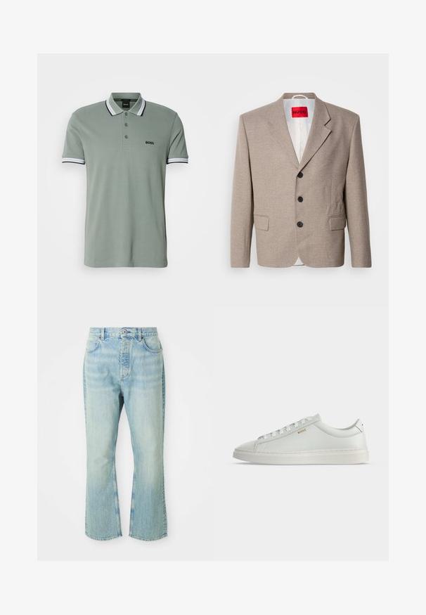 Beige op maat gemaakte blazer met gestructureerde schouders, een enkelgesloten ontwerp, drie zwarte knopen, twee voorzakken en HUGO-label in het rood.; Lichtgroene polo met een klassieke kraag, drie knopen aan de voorkant en gestreepte accenten op de mouwen. "BOSS" logo op de borst.; Lichtblauwe denim flare jeans met een hoge taille, voorzien van vijf zakken, riemlussen en een vervaagde wastextuur.; Witte lage leren sneaker met veters, platte zool en klein gouden "BOSS" logo aan de zijkant, gezien vanaf de buitenkant.
