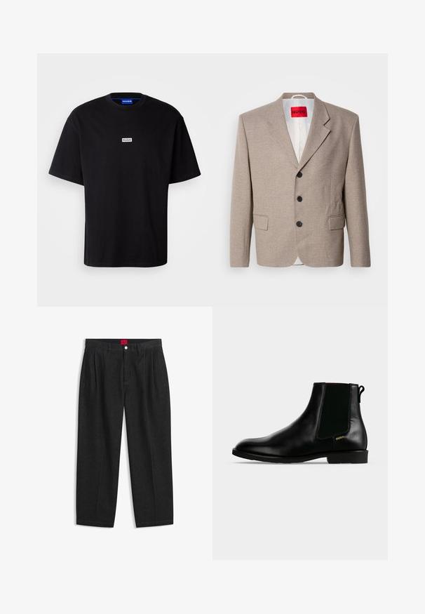 Beige skræddersyet blazer med strukturerede skuldre, enslydende design, tre sorte knapper, to frontlommer og HUGO-mærke i rød.; Sort bomulds t-shirt med rund hals, korte ærmer og et hvidt rektangulært "HUGO" logo på brystet. Glat overflade, afslappet pasform.; Sorte bukser med høj talje med forreste læg, bæltestropper, knap og lynlås lukning samt en rød label indeni linningen.; Sort læder ankelstøvle med elastisk sidelæpanel, lav hæl, trækflig bagpå og lille gyldent "HUGO" logo på ydersiden.