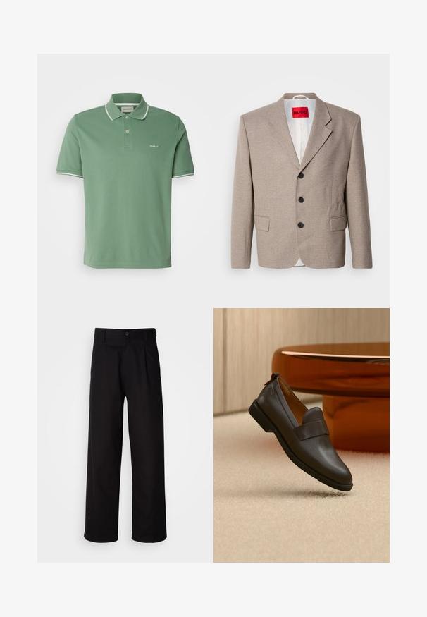 Beige op maat gemaakte blazer met gestructureerde schouders, een enkelgesloten ontwerp, drie zwarte knopen, twee voorzakken en HUGO-label in het rood.; Groene poloshirt van katoen, met een kraag, een tweeknoopssluiting en witte afwerking op de mouwen met subtiele logo-embroidering.; Zwarte broeken van gladde stof, met een rechtlopende pijpontwerp, frontplooien en een enkele knoopsluiting bij de taille.; Donkerbruine leren loafer met een lage hak zwevend boven een beige tapijt, naast een glanzende, afgeronde, amberkleurige tafel.