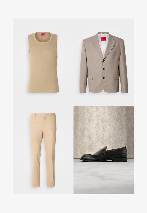 Veste beige ajustée avec épaules structurées, design à un seul bouton, trois boutons noirs, deux poches avant et étiquette HUGO en rouge.; Débardeur beige en tissu côtelé, avec un col rond et un petit logo "HUGO" en relief sur le devant. Sans manches.; Pantalons beiges ajustés en tissu texturé, design à jambes droites, plis avant et fermeture à bouton unique à la taille.; Mocassin pour homme en cuir noir avec un dessus embossé effet croco et un petit talon, présenté de profil sur un fond neutre.