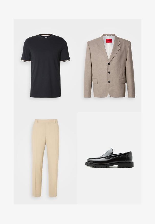 Veste beige ajustée avec épaules structurées, design à un seul bouton, trois boutons noirs, deux poches avant et étiquette HUGO en rouge.; T-shirt en coton noir avec un col rond, des manches courtes et des accents rayés en blanc, orange et bleu au niveau des poignets.; Pantalons beige ajustés avec une coupe droite, fabriqués en tissu léger, dotés de deux poches avant et de plis bien repassés.; Mocassin en cuir noir avec semelle en caoutchouc épaisse, dessus cousu et nom de marque embossé sur le talon, présenté de profil sur fond blanc.