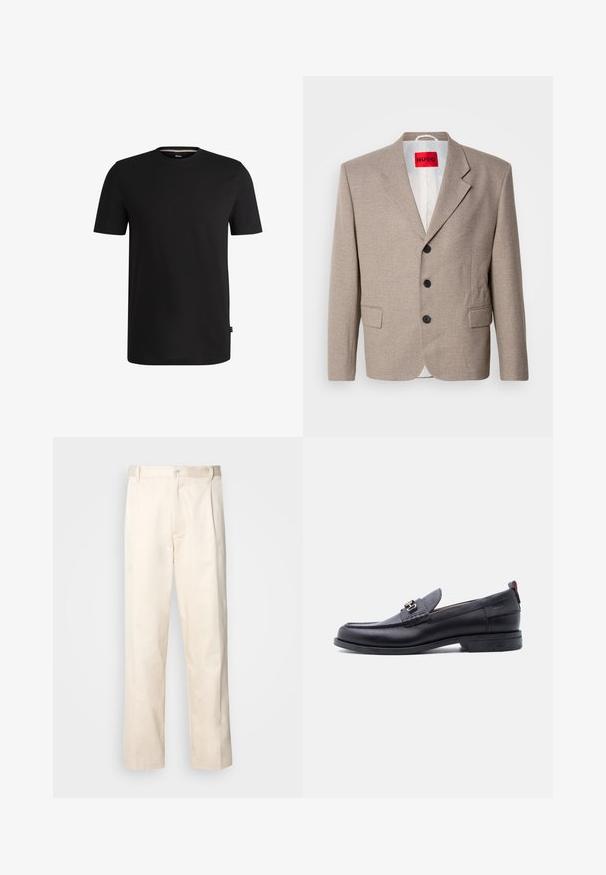 Blazer beige ajustado con hombros estructurados, diseño de un solo botón, tres botones negros, dos bolsillos frontales y etiqueta HUGO en rojo.; Camiseta corta negra de algodón suave con cuello redondo. Presenta una sutil etiqueta de la marca en el lado izquierdo cerca del dobladillo.; Pantalones de algodón beige con corte recto, que cuentan con un cierre de botón y pliegues en la parte frontal para un detalle adicional.; Mocasín de cuero negro con empeine gris texturizado, detalle de hebilla metálica plateada, tacón bajo y lengüeta para tirar en la parte trasera.