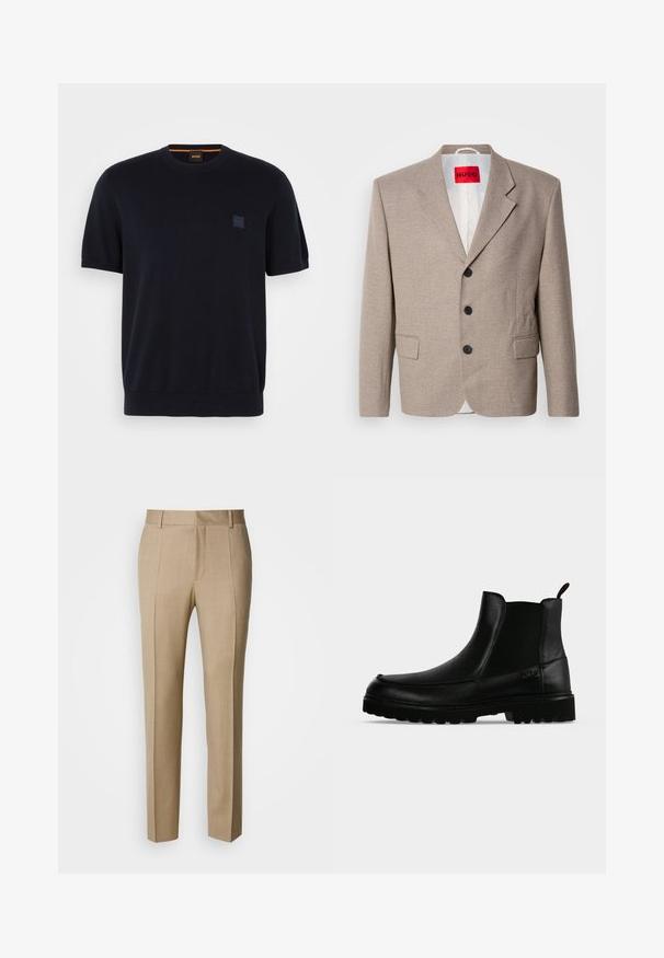 Veste beige ajustée avec épaules structurées, design à un seul bouton, trois boutons noirs, deux poches avant et étiquette HUGO en rouge.; Pull en maille bleu marine à manches courtes avec un col rond, des poignets et un ourlet côtelés. Comprend un petit patch logo en relief sur la poitrine.; Pantalon beige sur mesure en tissu texturé, à front plat et jambes droites. Comprend des poches latérales et des passants pour ceinture, offrant un look élégant.; Bottine noire en cuir avec semelle texturée, panneaux latéraux élastiques et languette de tirage sur fond gris clair.