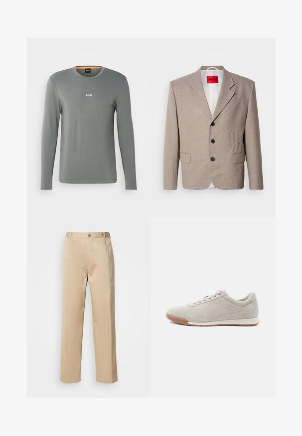 Veste beige ajustée avec épaules structurées, design à un seul bouton, trois boutons noirs, deux poches avant et étiquette HUGO en rouge.; Chemise à manches longues en tissu gris clair, dotée d'un col rond et d'un petit logo blanc "BOSS" sur la poitrine, texture lisse avec des détails minimalistes.; Pantalons beiges en tissu léger, avec une coupe droite, une taille avec passants de ceinture et une fermeture à bouton sur le devant.; Baskets en daim beige clair avec lacets blancs, semelle gomme et détails de coutures discrètes, vues de profil gauche sur un fond blanc.