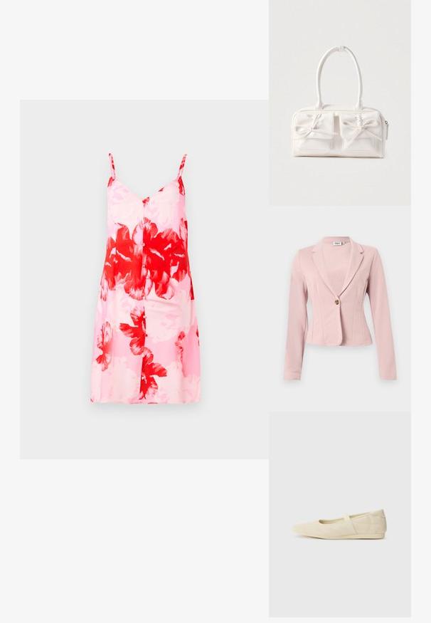 Lyserød tætsiddende blazer med lange ærmer, enkelt brun knaplukning og revers med hak.; Blomstret kjole med en lyserød bund og store røde og hvide blomstermønstre, justerbare spaghetti stropper og en lige silhuet.; Lysebrune ballet flats med en glat læderoverflade, mandelformet tå og elastisk rem over vristen, med diskrete syninger.; Hvid syntetisk håndtaske med to forlommer, hver med en bundet sløjfedetalje. Glat tekstur, afrundede håndtag og lynlås lukning.