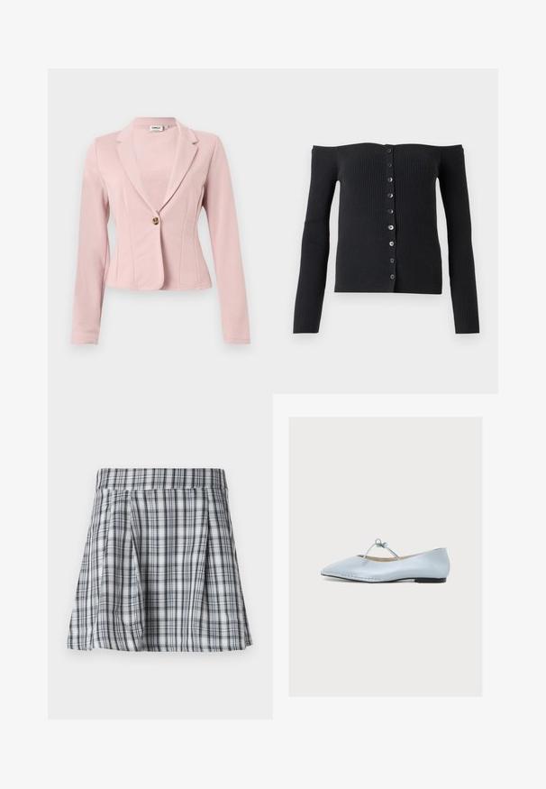 Lyserød tætsiddende blazer med lange ærmer, enkelt brun knaplukning og revers med hak.; Sort rippet cardigan med bare skuldre, lange ærmer og knaplukning foran. Har seks sorte knapper langs midten.; Ribet mini nederdel i grå og hvid med plisseringer og en talje. Fremstillet af letvægtigt stof med lodrette og vandrette striber.; Lyseblå læder balletsko med spids tå, tynd sål og et bundet sløjfebånd over toppen mod en ensfarvet hvid baggrund.