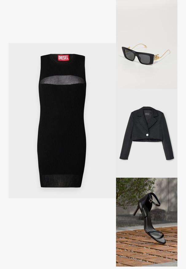 Emporio Armani Blazer - nero; Robe sans manches noire avec texture côtelée, présentant une découpe semi-transparente au niveau de la poitrine. L'étiquette indique "DIESEL" en rouge gras.; Sandale noire à talon haut avec sangle à la cheville, suspendue au-dessus d'un sol en carreaux de bois à l'extérieur, avec un arrière-plan flou de verdure et de pierre.; Lunettes de soleil rectangulaires noires avec des verres foncés. Les branches en métal doré présentent un accent de logo double 'G'. Monture en plastique lisse.