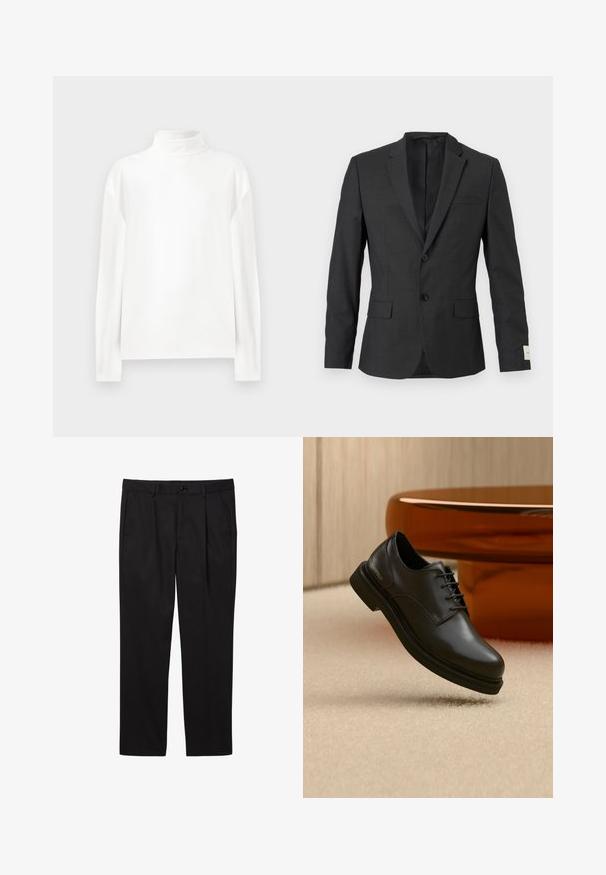 Blazer noir pour homme à deux boutons avec revers en cranté, poches à rabat sur le devant et une poche poitrine passepoilée, présenté sur un fond clair.; Haut à manches longues blanc en col roulé avec une texture lisse, présentant un col haut et des coutures d'épaule tombantes pour un ajustement décontracté.; Pantalons formels noirs pour hommes avec poches avant, passants pour ceinture, fermeture par bouton et coupe droite.; Chaussure en cuir noire à lacets flottant au-dessus d'un tapis beige avec un objet brun brillant et arrondi en arrière-plan.