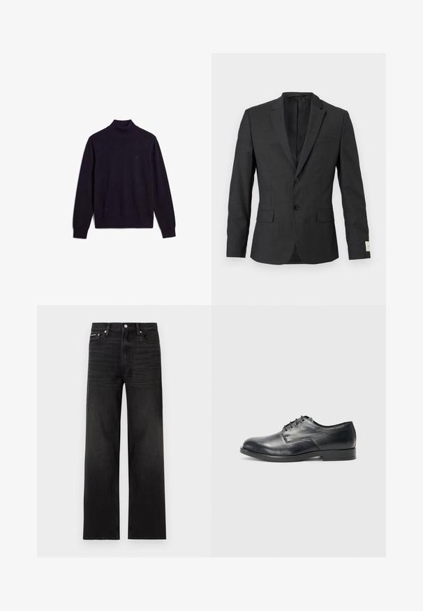 Sort herreblazer med to knapper, skråkrave, frontlommer med klapper og en brystlomme, vist mod en lys baggrund.; Sort langærmet rullekravesweater med ribstrikket krave, manchetter og nederkant, der viser et lille broderet logo på øvre venstre bryst.; Sorte jeans med lige ben, fem-lomme design, bæltestropper og knaplukning, vist på en hvid baggrund.; Sorte læder herresko med rund tå, flad sål og seks snøringer; glat tekstur og minimalistisk design.