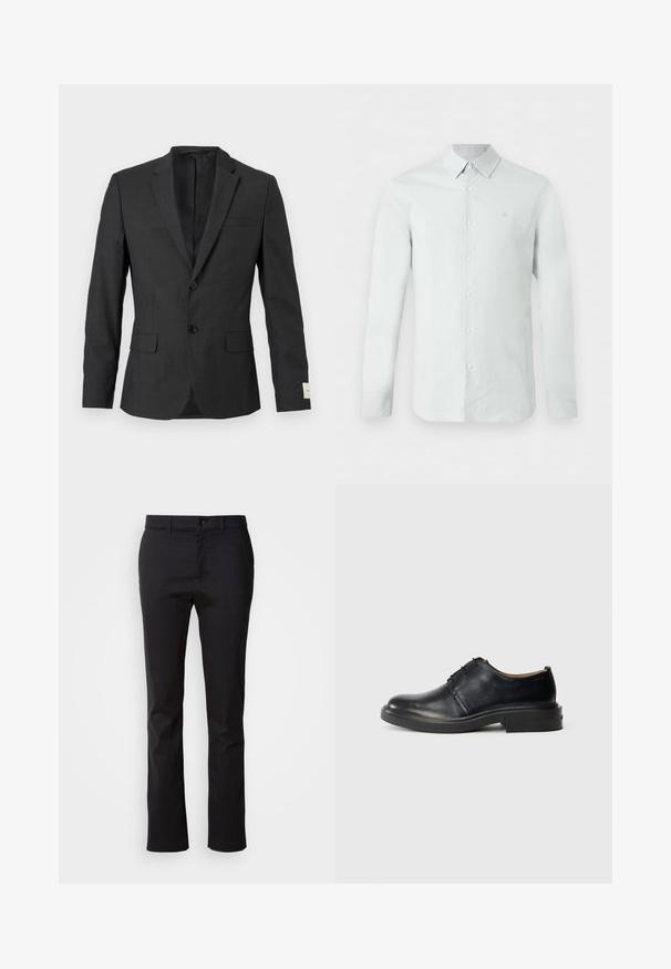 Blazer noir pour homme à deux boutons avec revers en cranté, poches à rabat sur le devant et une poche poitrine passepoilée, présenté sur un fond clair.; Chemise habillée homme à manches longues bleu clair, avec fermeture boutonnée sur le devant et col, affichant un logo subtil de la marque sur la poitrine gauche.; Pantalon noir en tissu lisse, avec une coupe droite, une taille standard avec une fermeture à bouton à l'avant, et sans motifs visibles.; Chaussure oxford en cuir noir avec un bout rond, un laçage à l'avant et un petit talon empilé, sur fond clair.