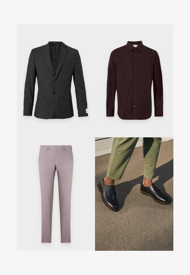 Blazer negro de hombre con dos botones, solapas con muesca, bolsillos frontales con solapa y un bolsillo de ojal en el pecho, exhibido sobre un fondo claro.; Camisa de manga larga color granate hecha de tela suave. Presenta un cuello con botones y cinco botones negros en la parte delantera. Logotipo sutil en el pecho.; Pantalones a medida en tela de lavanda clara, con una textura suave, frontales planos y diseño de pierna recta. Sin patrones ni acentos visibles.; Zapatos negros de cuero con cordones, punteras puntiagudas y costuras marrones, usados con pantalones verdes sobre una superficie gris.